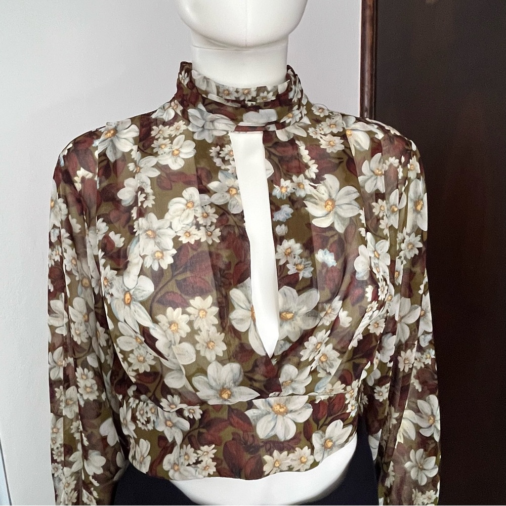 Zara Sheer Floral Cropped Top  Fairycore Romantic Blouse Cottagecore Vibes SZ Lg